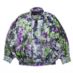 Vintage 80s 90s Abstract Print Windbreaker Jacket Purple Green Gray Snap Button Stand Collar Retro