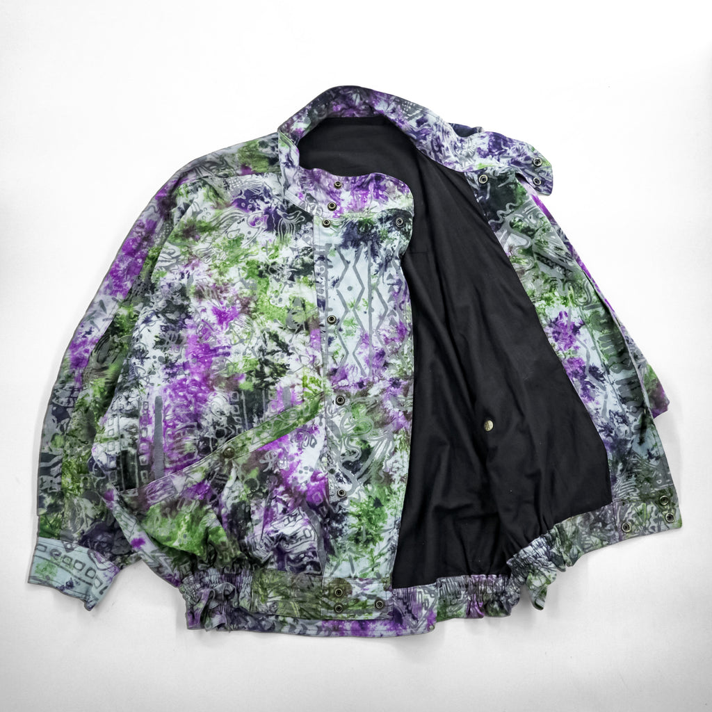 Vintage 80s 90s Abstract Print Windbreaker Jacket Purple Green Gray Snap Button Stand Collar Retro