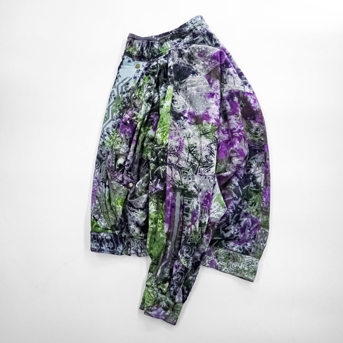 Vintage 80s 90s Abstract Print Windbreaker Jacket Purple Green Gray Snap Button Stand Collar Retro