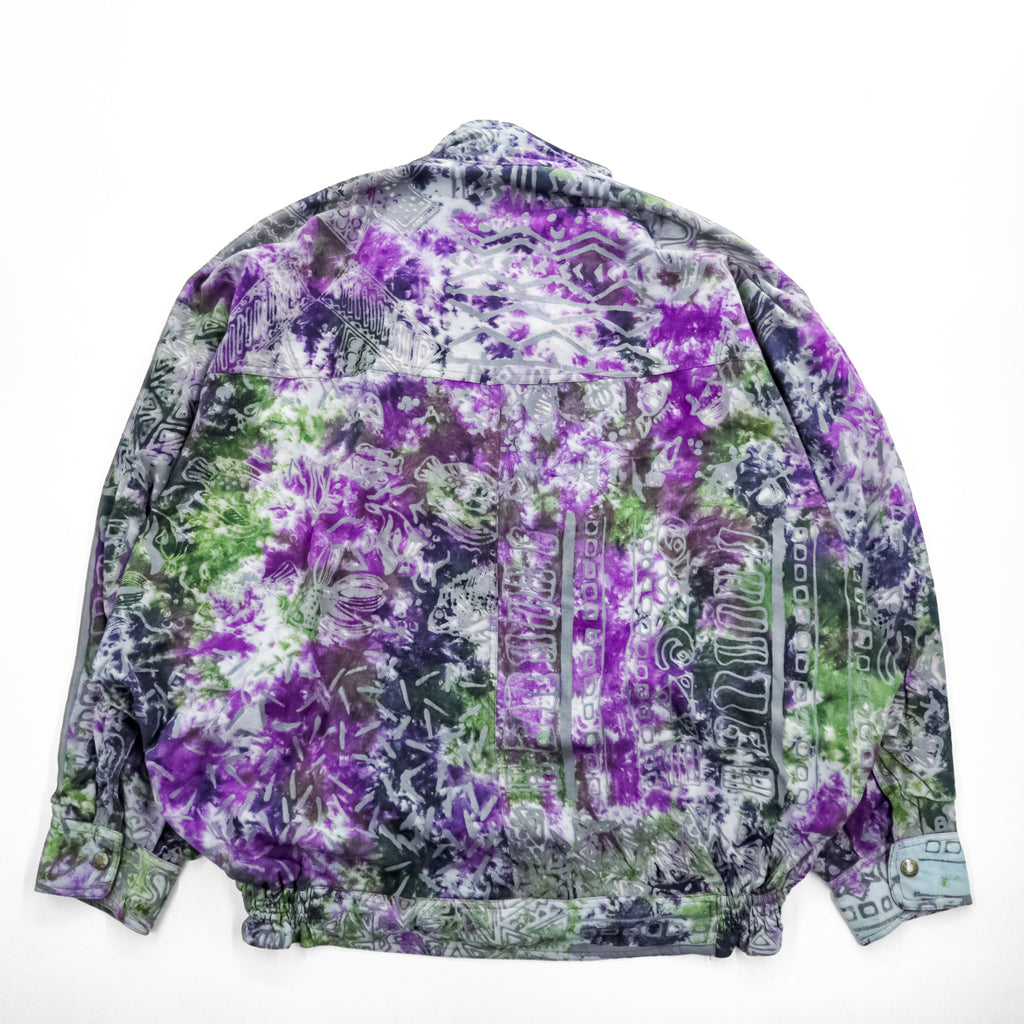 Vintage 80s 90s Abstract Print Windbreaker Jacket Purple Green Gray Snap Button Stand Collar Retro