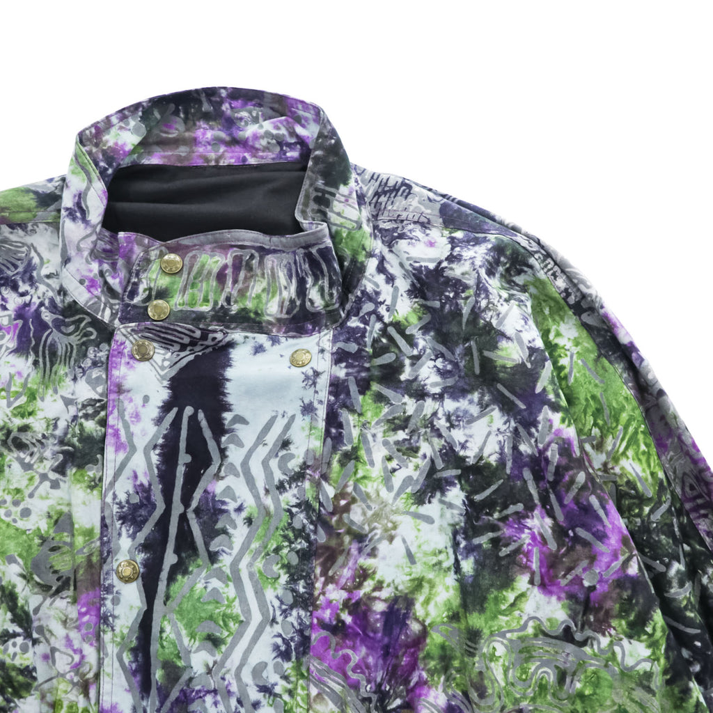 Vintage 80s 90s Abstract Print Windbreaker Jacket Purple Green Gray Snap Button Stand Collar Retro