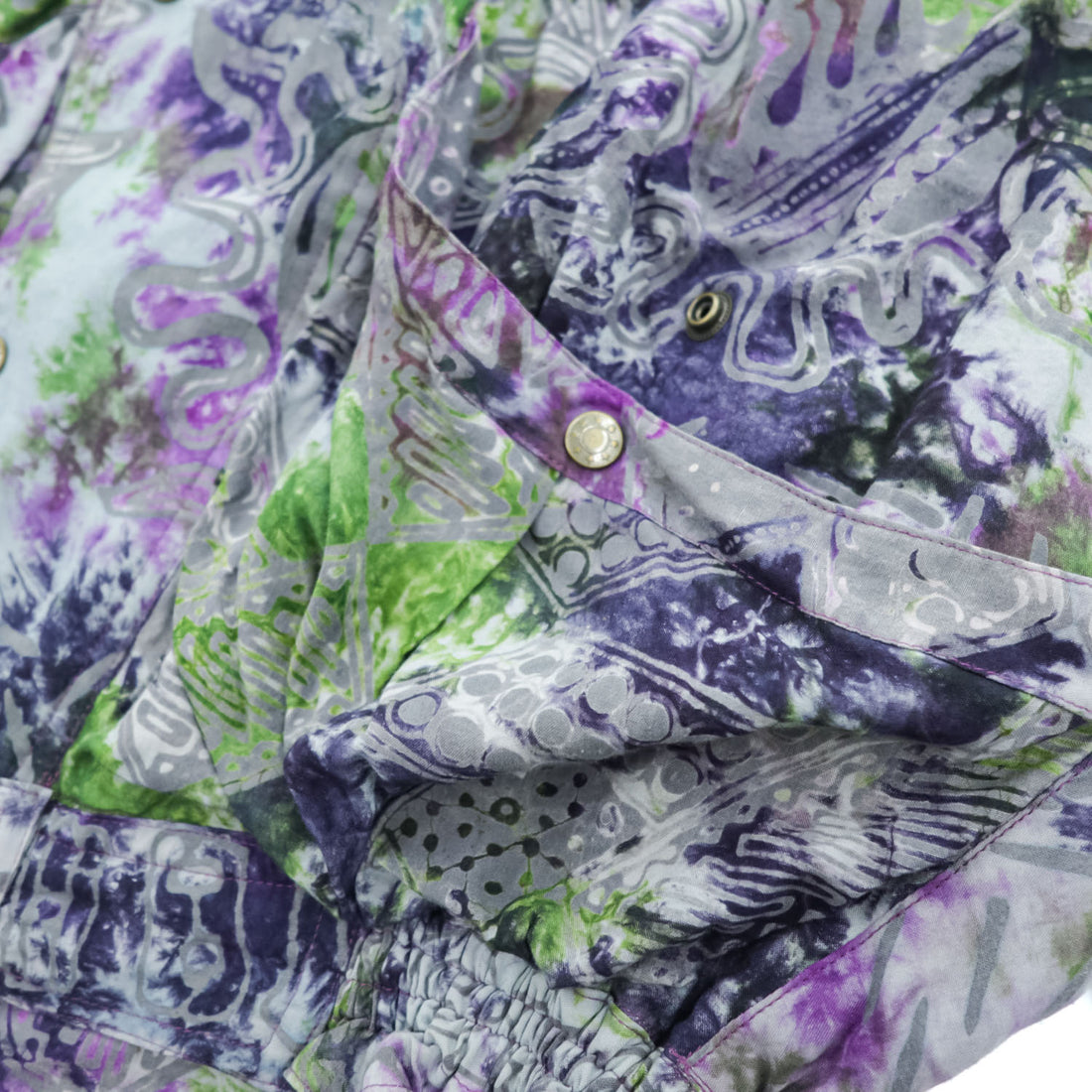 Vintage 80s 90s Abstract Print Windbreaker Jacket Purple Green Gray Snap Button Stand Collar Retro