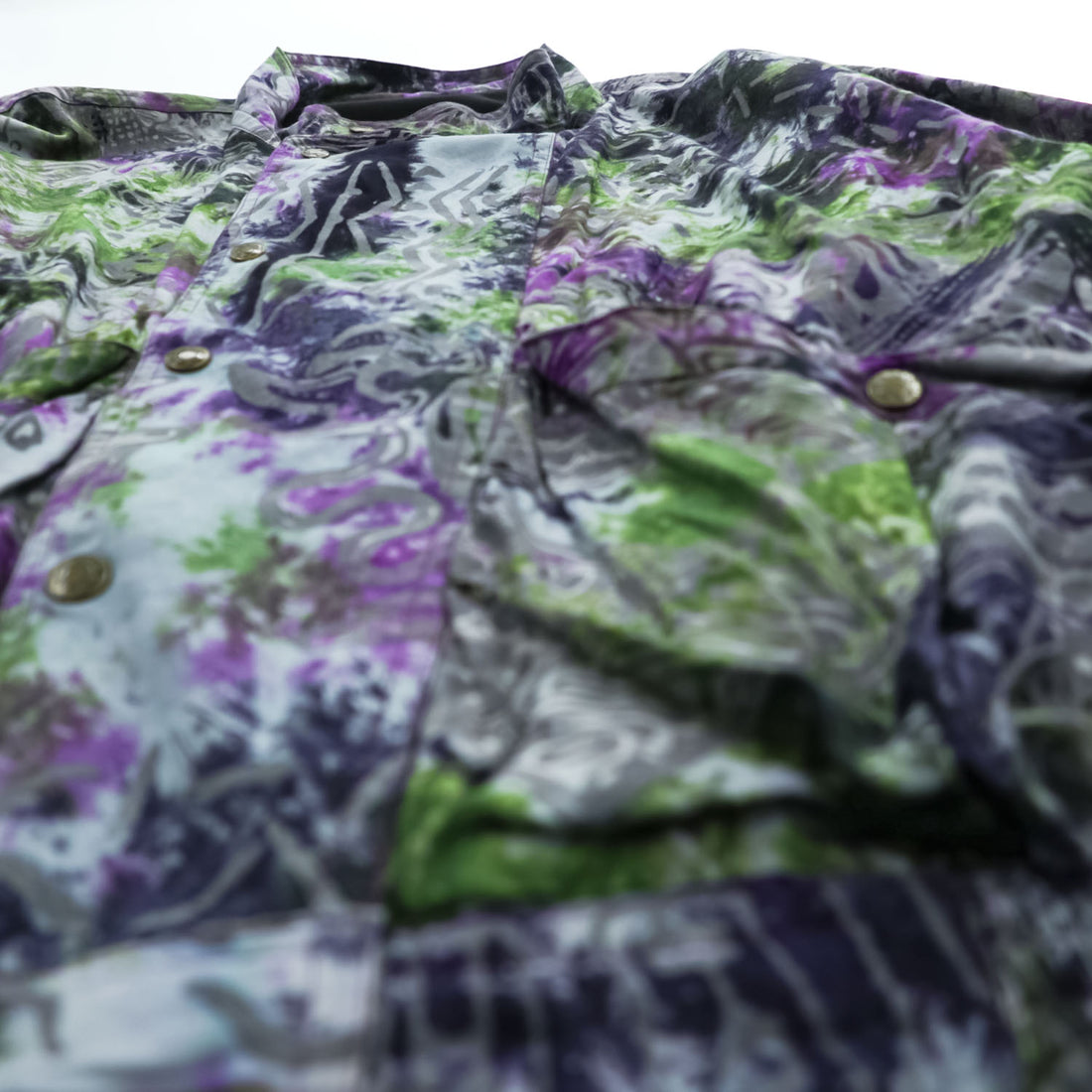 Vintage 80s 90s Abstract Print Windbreaker Jacket Purple Green Gray Snap Button Stand Collar Retro