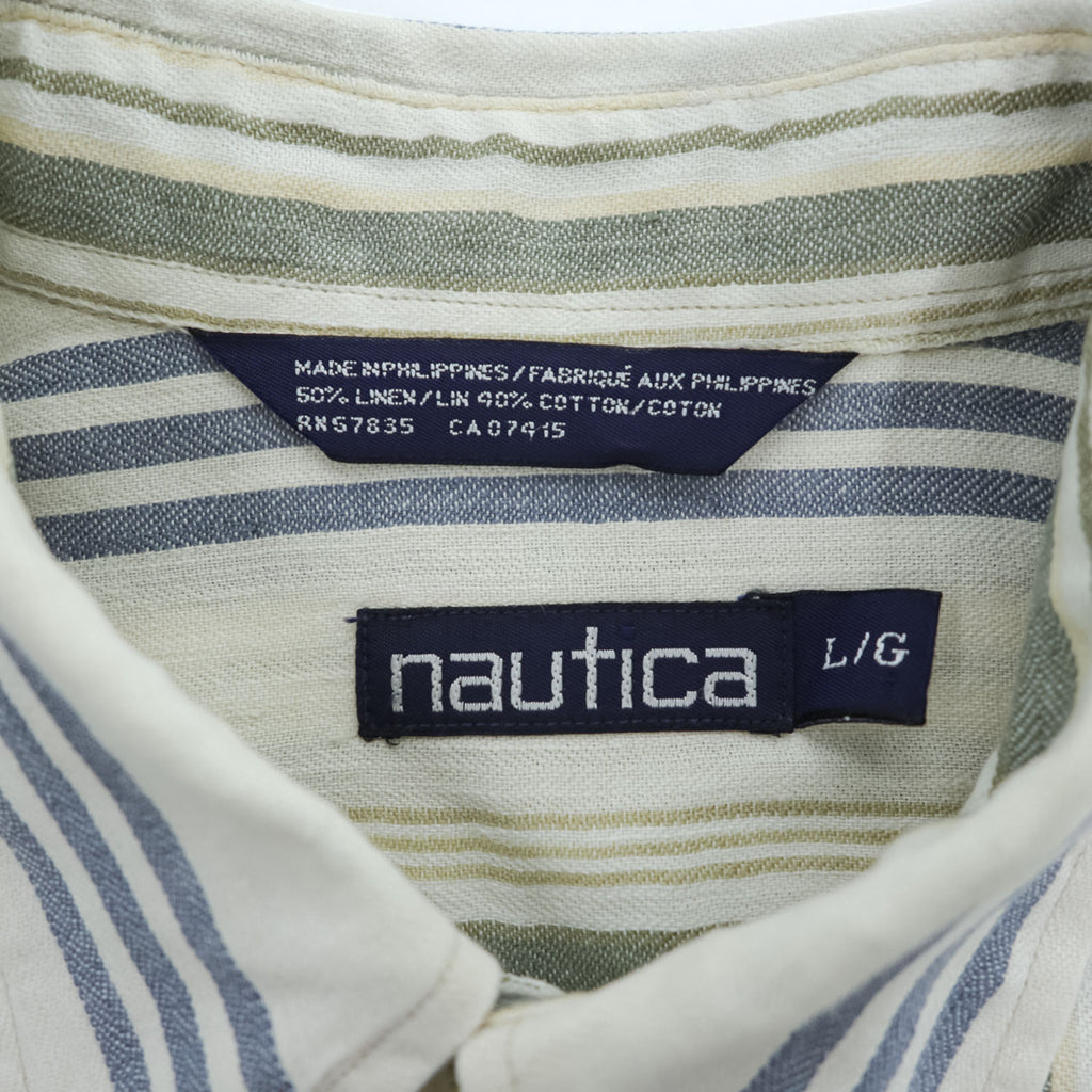 NAUTICA 90年代 ヴィンテージ 半袖 リネン シャツ ビッグサイズ L マルチストライプ 麻 ボタンダウン 胸ポケット