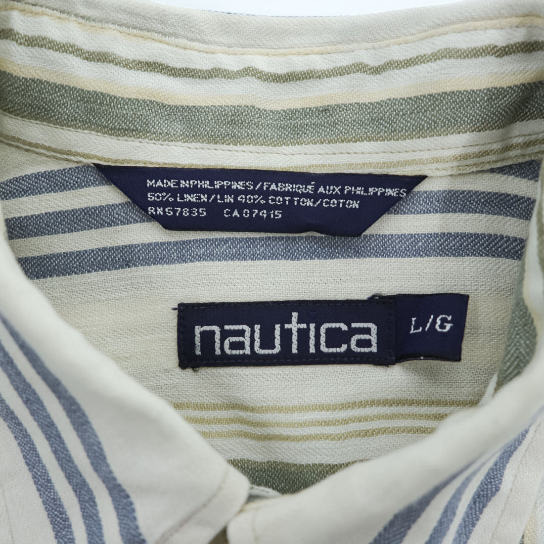 NAUTICA 90年代 ヴィンテージ 半袖 リネン シャツ ビッグサイズ L マルチストライプ 麻 ボタンダウン 胸ポケット