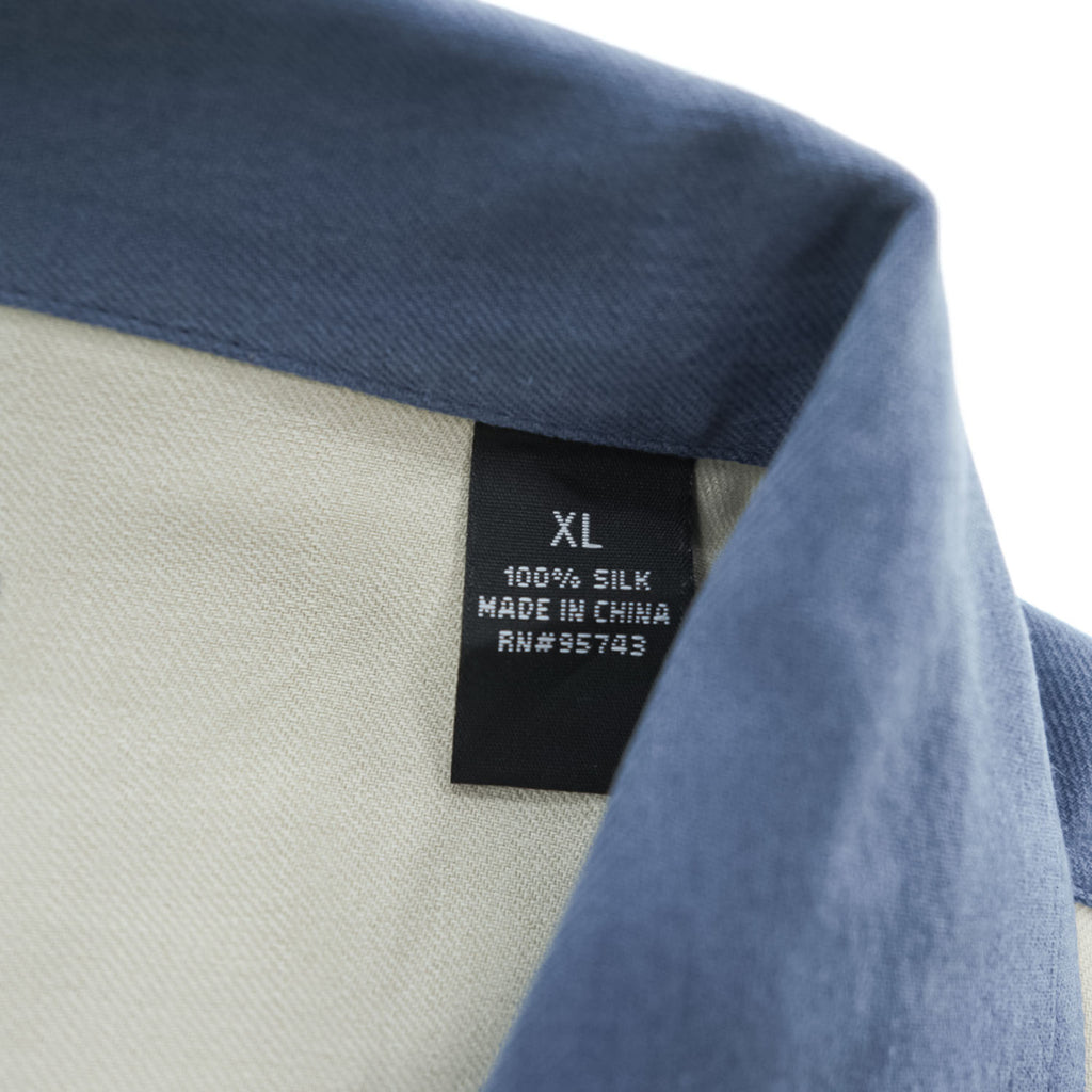 90年代 ヴィンテージ 半袖 シルクシャツ ALFANI ブルー ベージュ XL ライン 開襟 オープンカラー