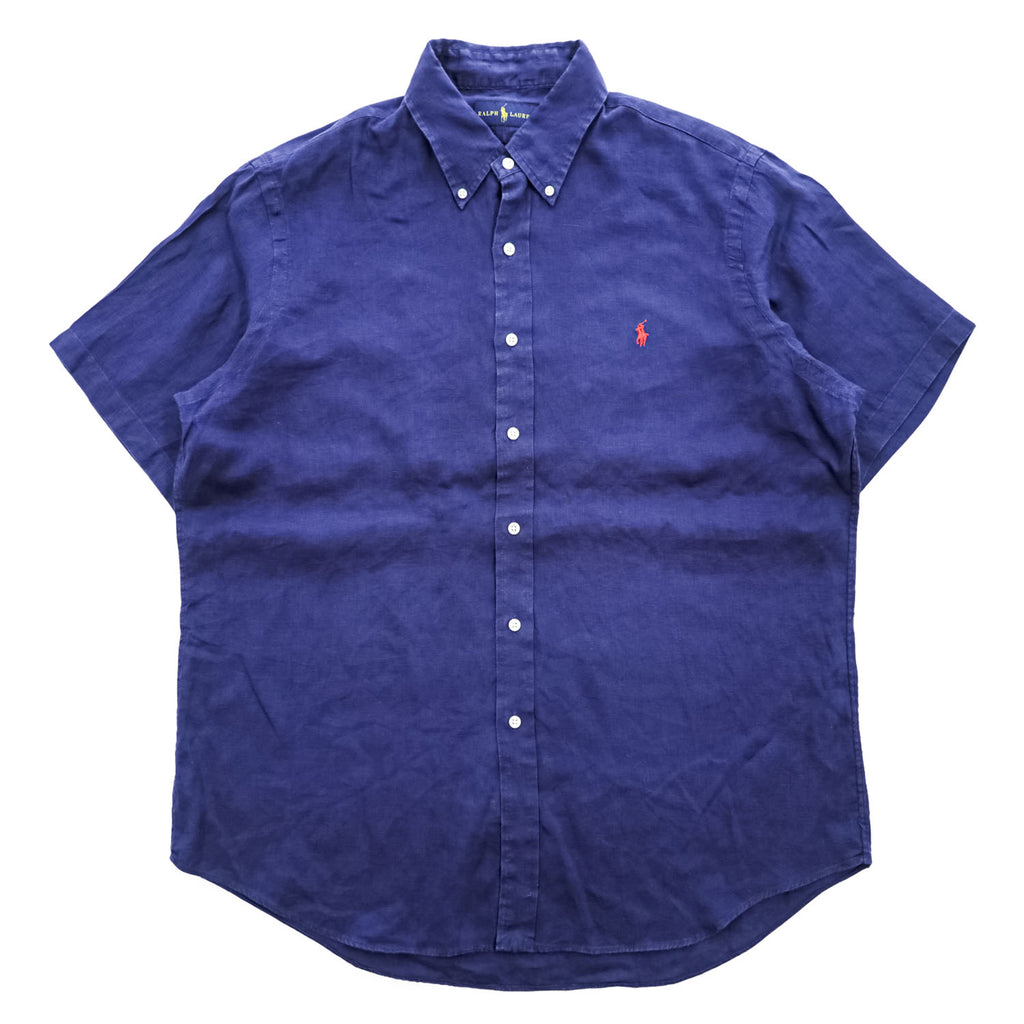 Ralph Lauren リネン100% 半袖シャツ XL ネイビー 麻 スモールポニー ロゴ 刺繍 ボタンダウン