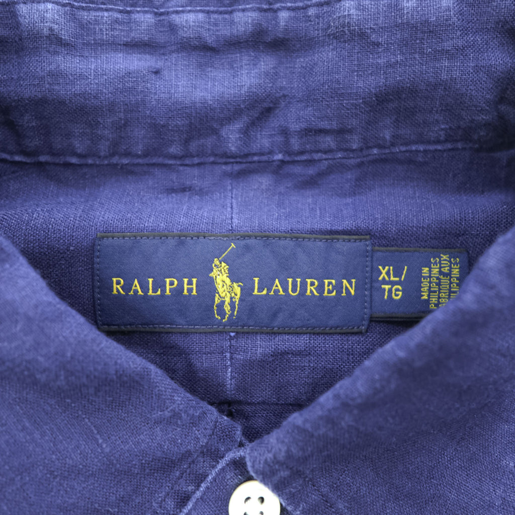 Ralph Lauren リネン100% 半袖シャツ XL ネイビー 麻 スモールポニー ロゴ 刺繍 ボタンダウン