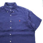 Ralph Lauren リネン100% 半袖シャツ XL ネイビー 麻 スモールポニー ロゴ 刺繍 ボタンダウン