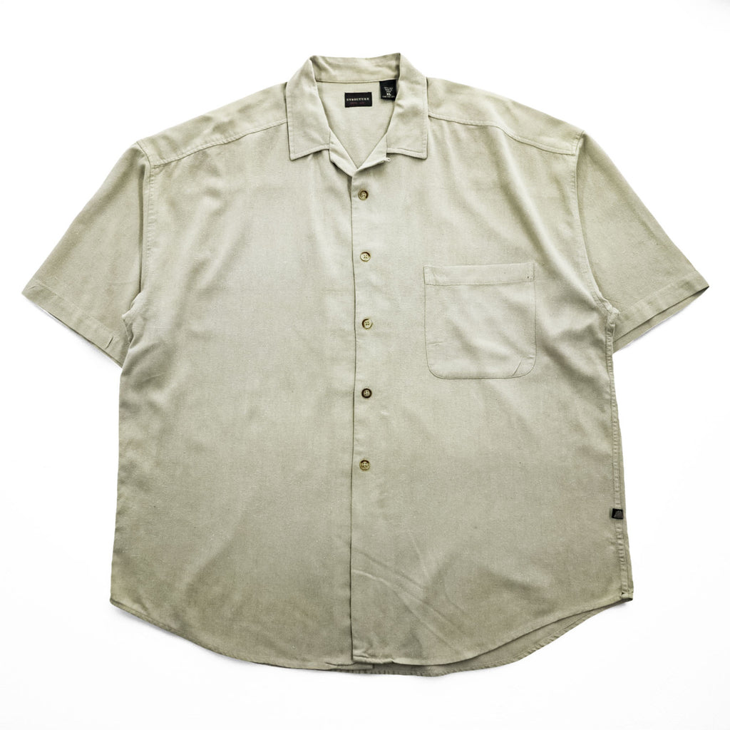 Vintage 90s STRUCTURE 100% Silk Short Sleeve Button Up Shirt Mens XL Sage Beige Solid Shirt