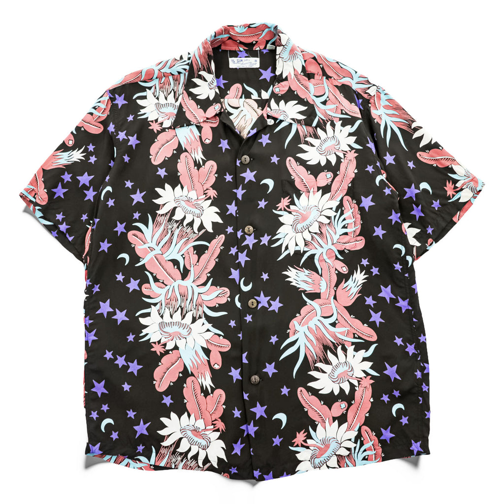 Sun Surf SS33325 Night Blooming Cereus Rayon Hawaiian Aloha Shirt Black Stars Moon Floral Made in Japan M