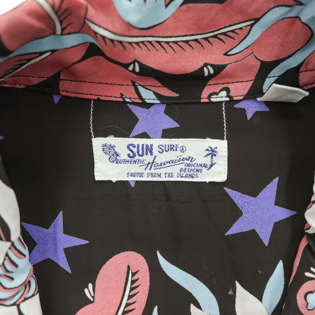 Sun Surf SS33325 Night Blooming Cereus Rayon Hawaiian Aloha Shirt Black Stars Moon Floral Made in Japan M