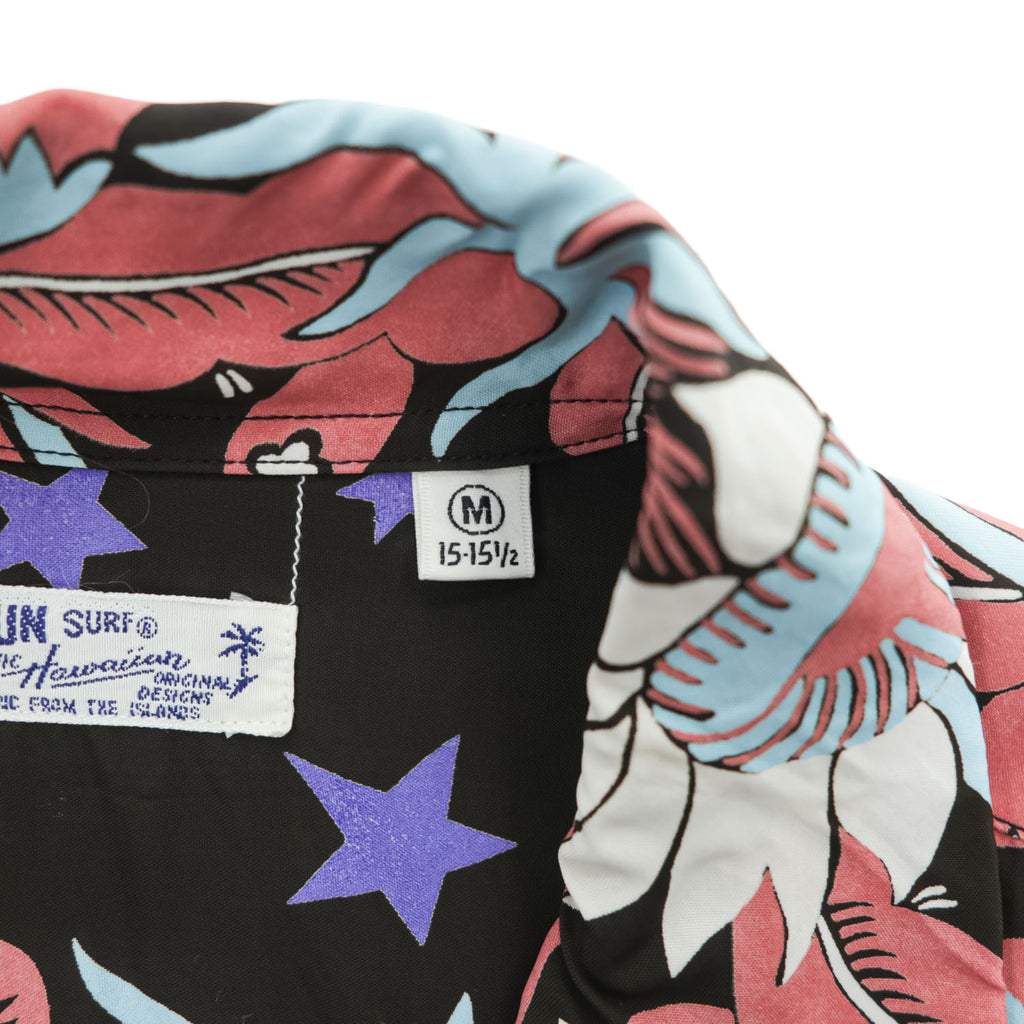 Sun Surf SS33325 Night Blooming Cereus Rayon Hawaiian Aloha Shirt Black Stars Moon Floral Made in Japan M