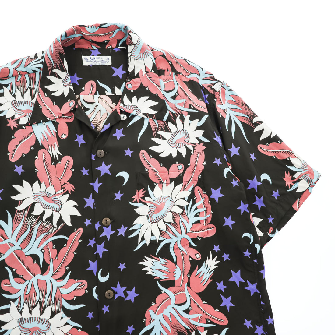 Sun Surf SS33325 Night Blooming Cereus Rayon Hawaiian Aloha Shirt Black Stars Moon Floral Made in Japan M