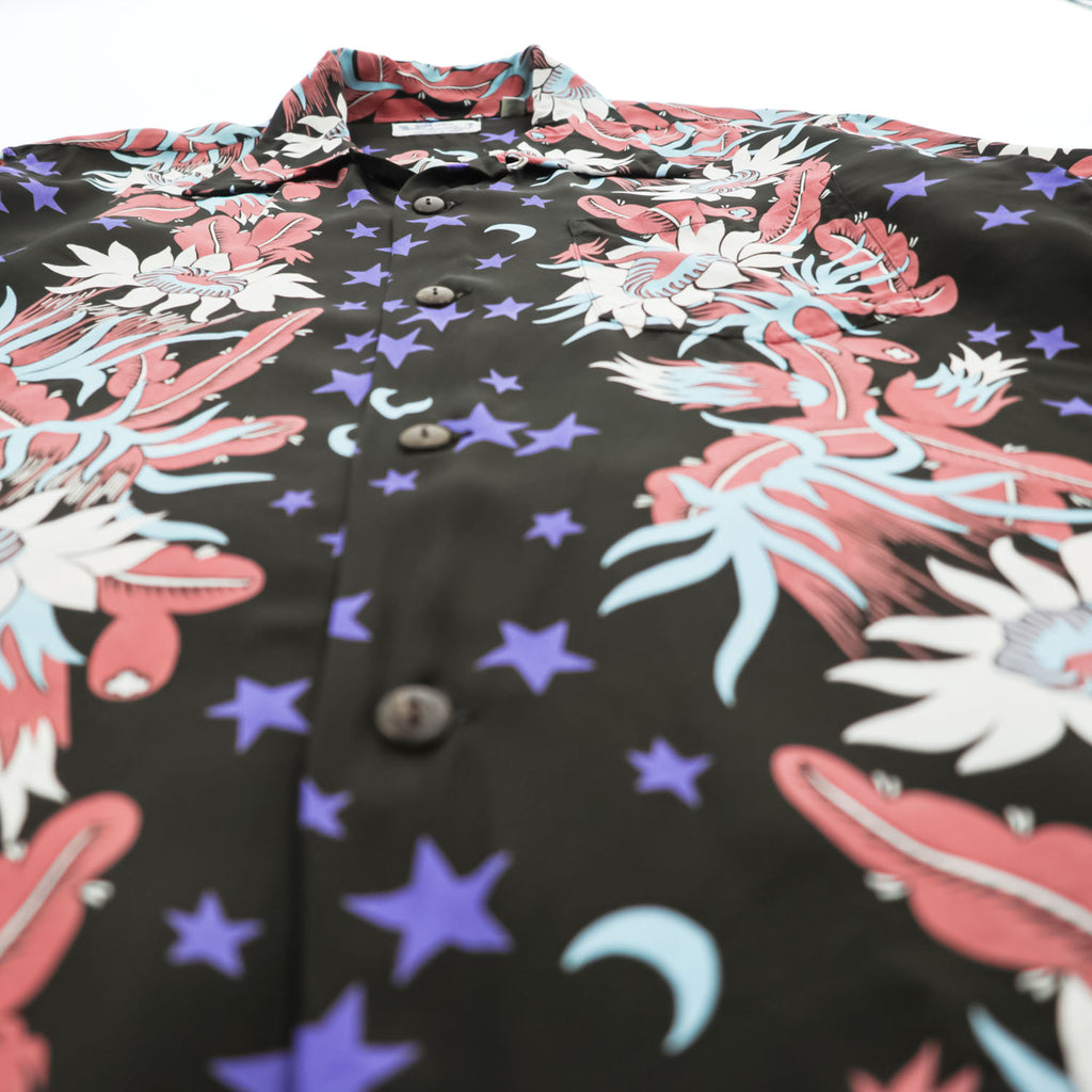 Sun Surf SS33325 Night Blooming Cereus Rayon Hawaiian Aloha Shirt Black Stars Moon Floral Made in Japan M
