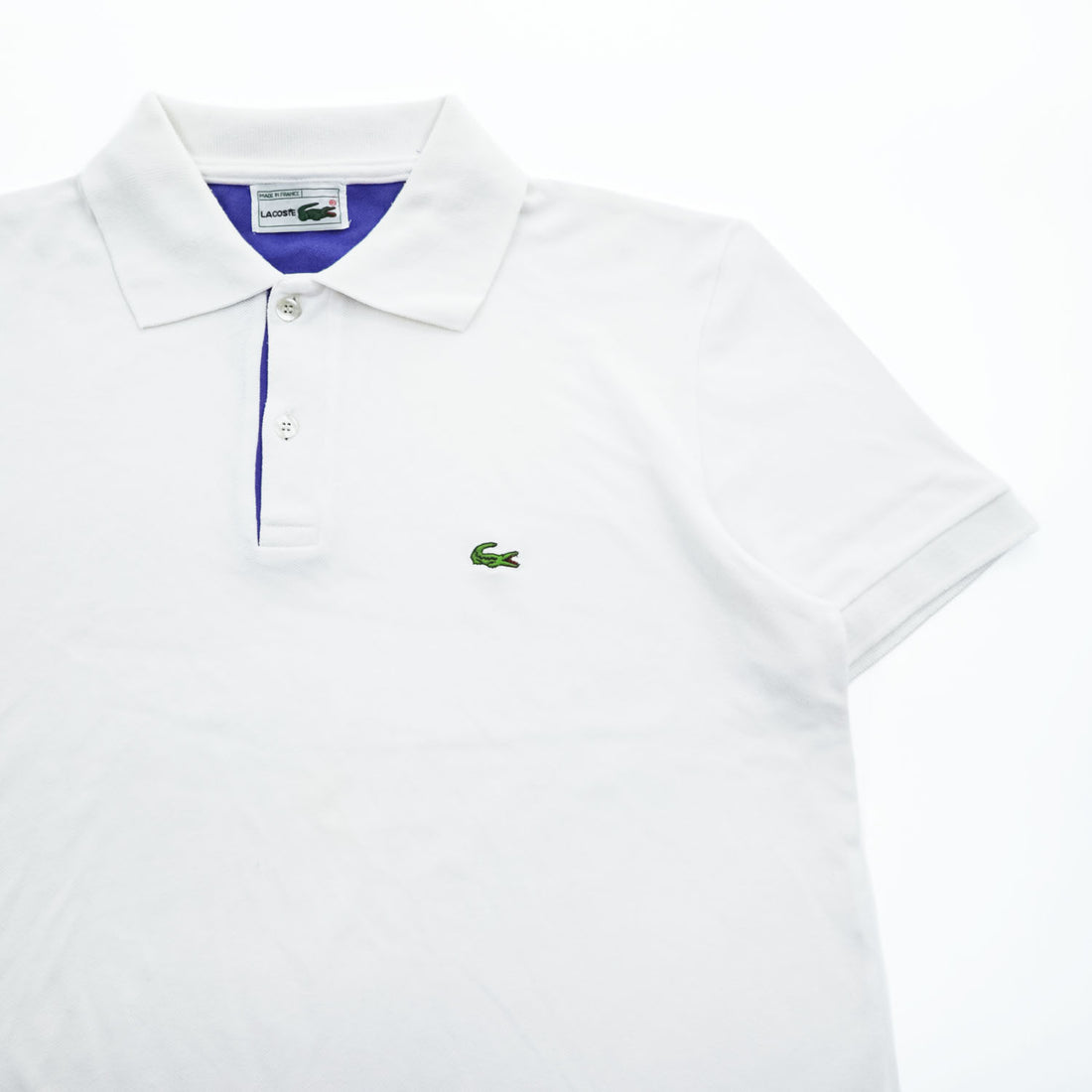 Vintage Lacoste Made in France White Purple Contrast Pique Polo Shirt Crocodile Logo French Lacoste