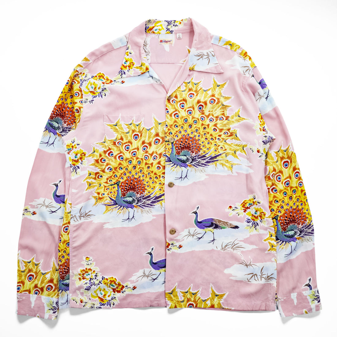 SUN SURF 長袖 アロハシャツ L ピンク 総柄 PIKAKE 開襟 オープンカラー 孔雀 ちりめん SS29204 日本製