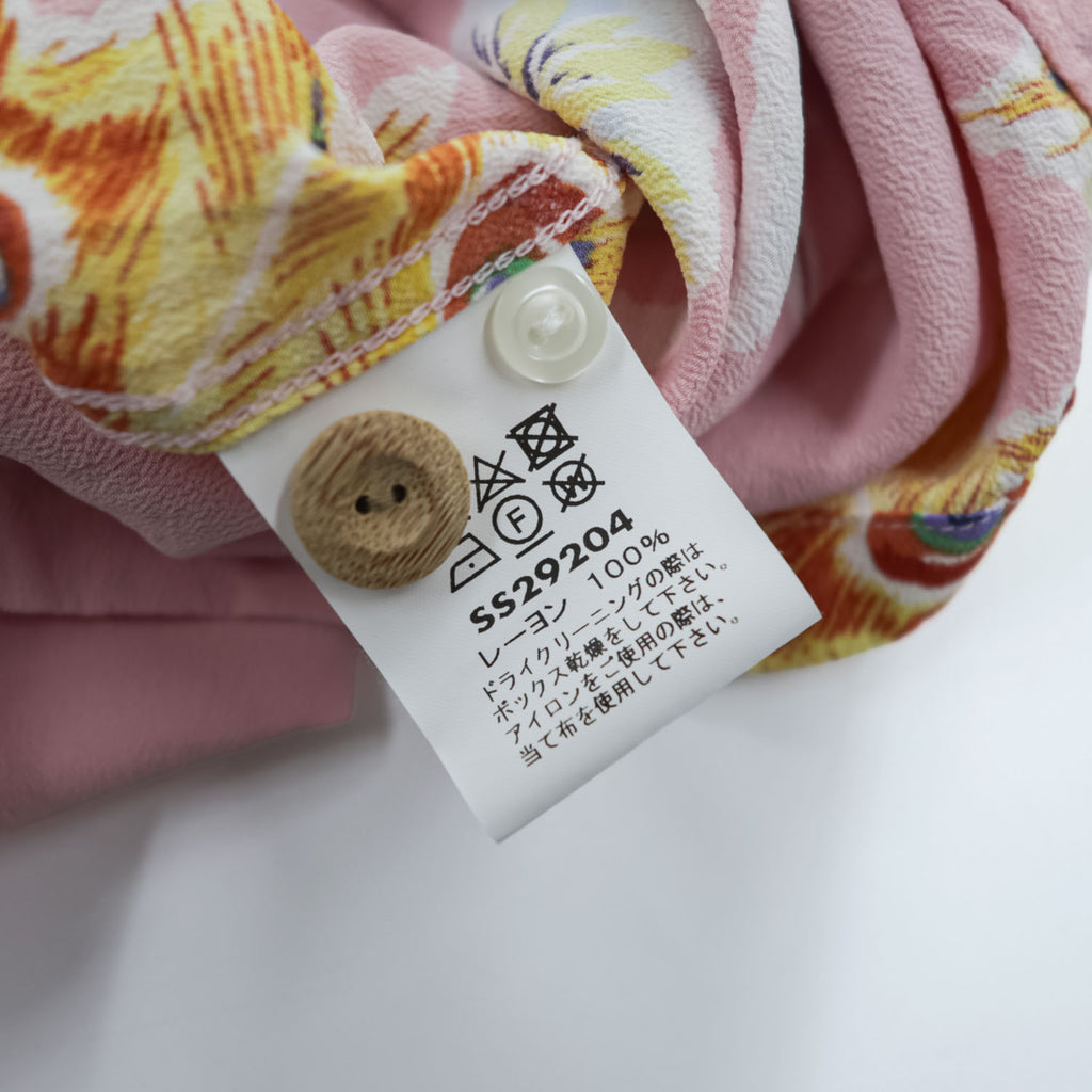 SUN SURF 長袖 アロハシャツ L ピンク 総柄 PIKAKE 開襟 オープンカラー 孔雀 ちりめん SS29204 日本製
