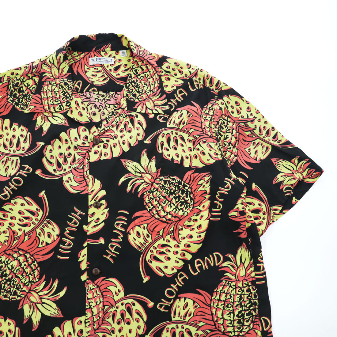 SUN SURF 日本製 アロハシャツ 半袖 オープンカラーシャツ XL ブラック 総柄 THE PINEAPPLE ISLAND 1940's KIHIKIHI SPORTSWEAR 開襟 SS39015