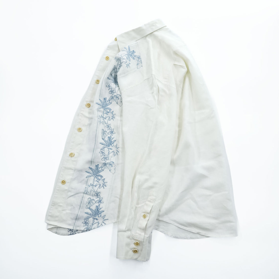 Tommy Bahama リネン100% 長袖 アロハシャツ L ホワイト ブルー 刺繍 パームツリー