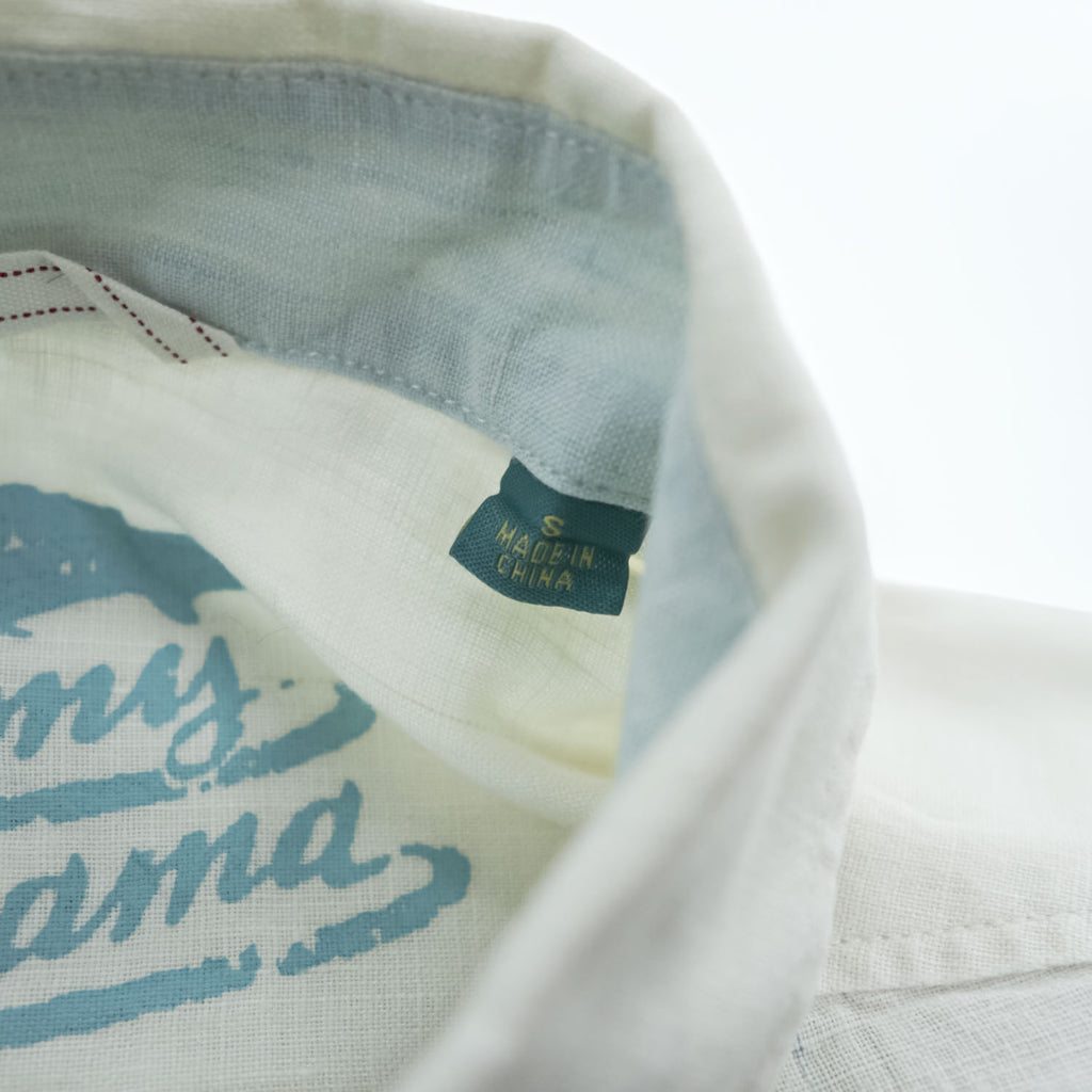 Tommy Bahama リネン100% 長袖 アロハシャツ L ホワイト ブルー 刺繍 パームツリー