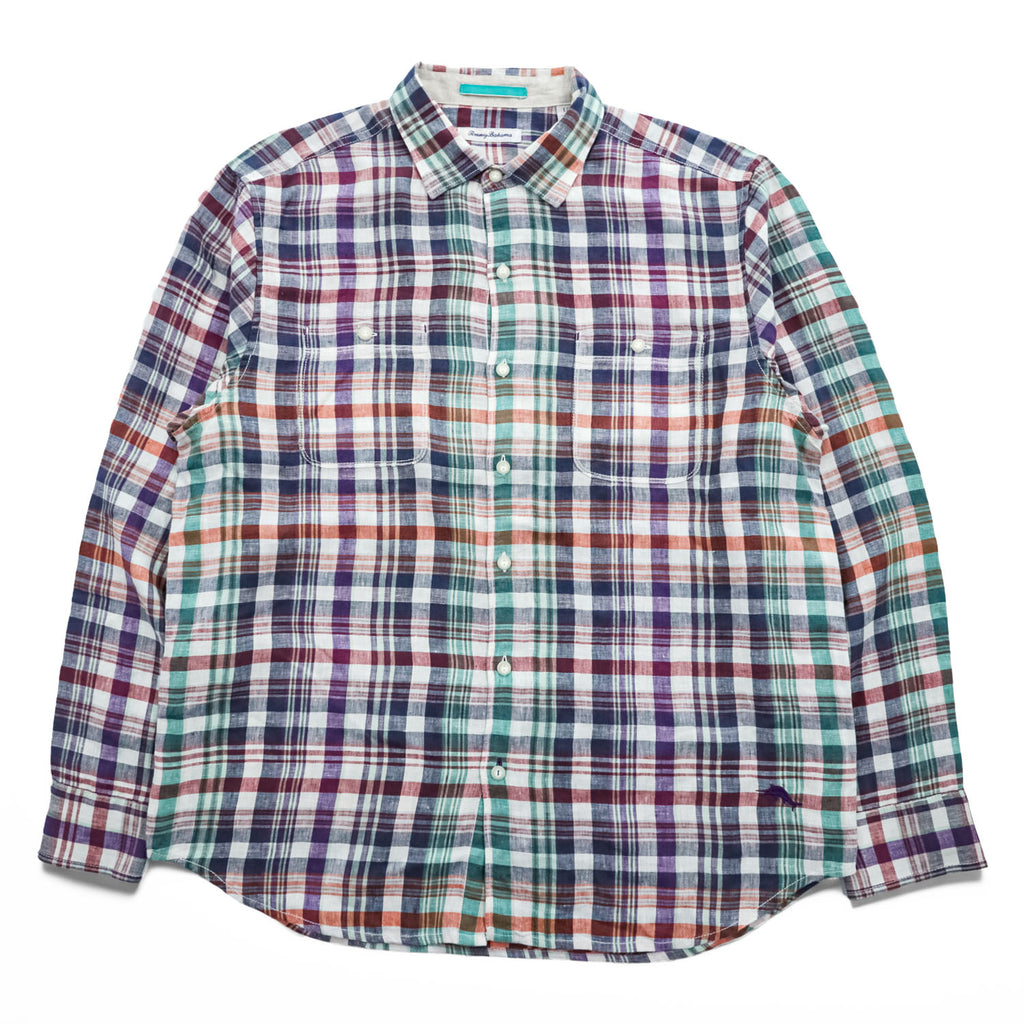 Tommy Bahama リネン100% 長袖 シャツ L マドラスチェック 麻 マルチカラー インド製