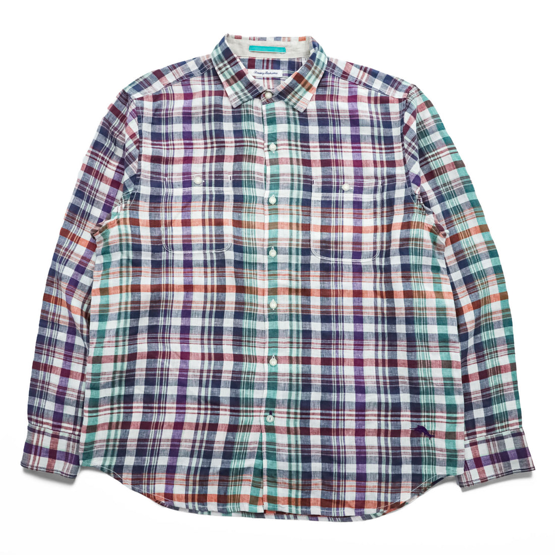 Tommy Bahama リネン100% 長袖 シャツ L マドラスチェック 麻 マルチカラー インド製