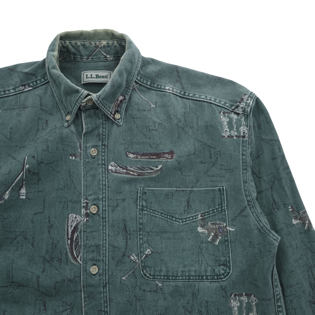 L.L.Bean 90年代 USA製 ヴィンテージ 長袖 ボタンダウンシャツ M カーキ グリーン 総柄 U697