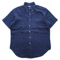 Ralph Lauren 90年代 ヴィンテージ リネン100% 半袖シャツ L ネイビー 麻 スモールポニー ロゴ 刺繍 CLASSIC FIT ボタンダウン