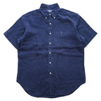 Ralph Lauren 90年代 ヴィンテージ リネン100% 半袖シャツ L ネイビー 麻 スモールポニー ロゴ 刺繍 CLASSIC FIT ボタンダウン