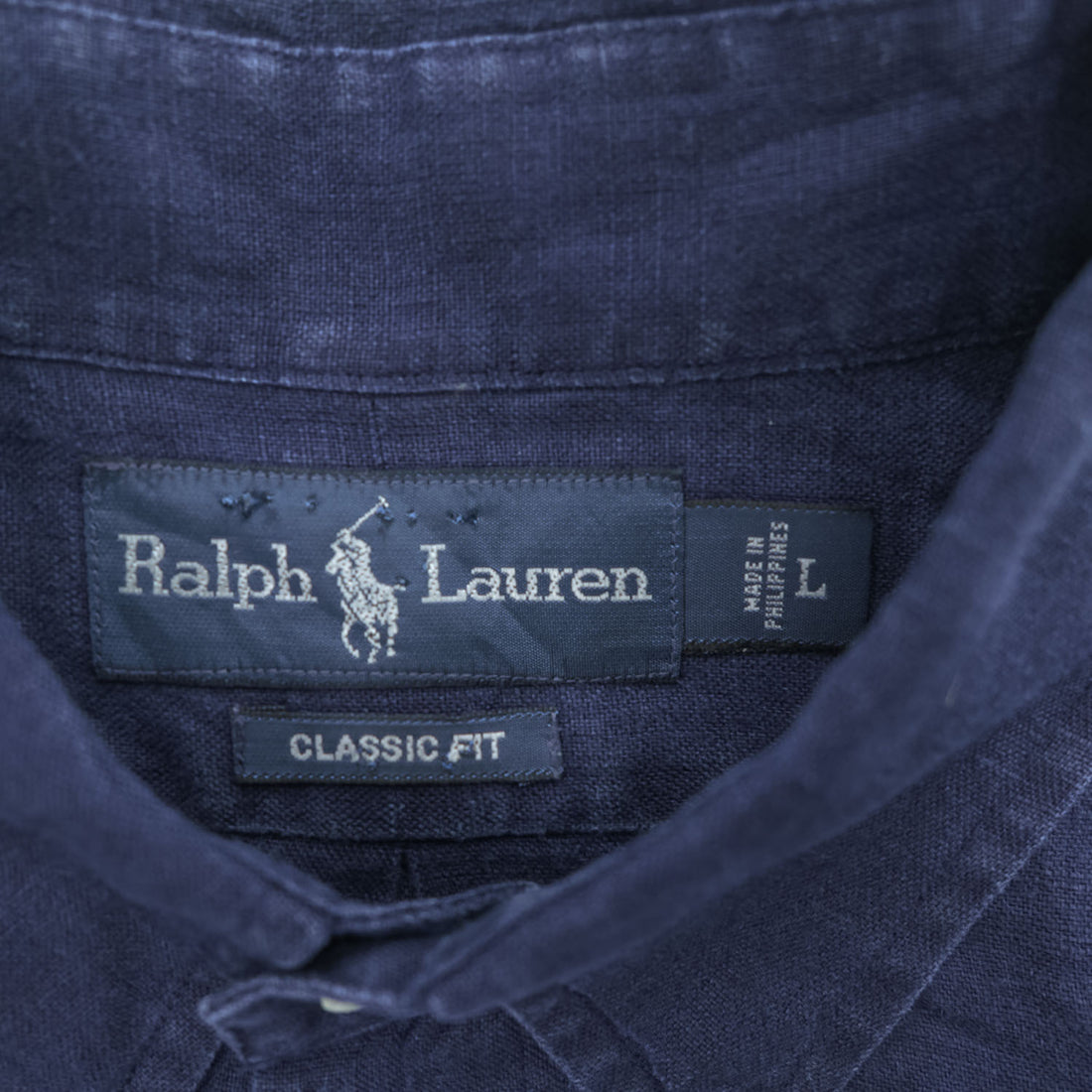 Ralph Lauren 90年代 ヴィンテージ リネン100% 半袖シャツ L ネイビー 麻 スモールポニー ロゴ 刺繍 CLASSIC FIT ボタンダウン