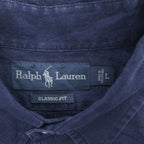 Ralph Lauren 90年代 ヴィンテージ リネン100% 半袖シャツ L ネイビー 麻 スモールポニー ロゴ 刺繍 CLASSIC FIT ボタンダウン