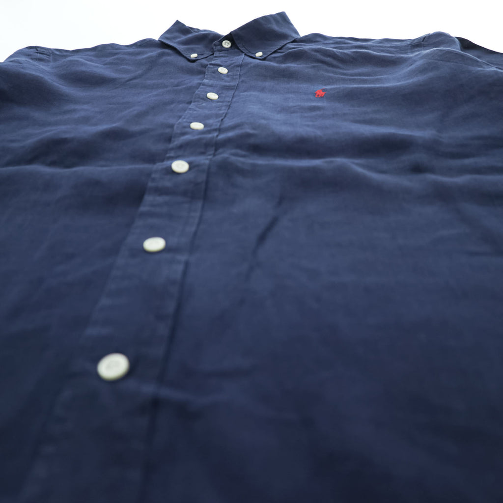 Ralph Lauren 90年代 ヴィンテージ リネン100% 半袖シャツ L ネイビー 麻 スモールポニー ロゴ 刺繍 CLASSIC FIT ボタンダウン