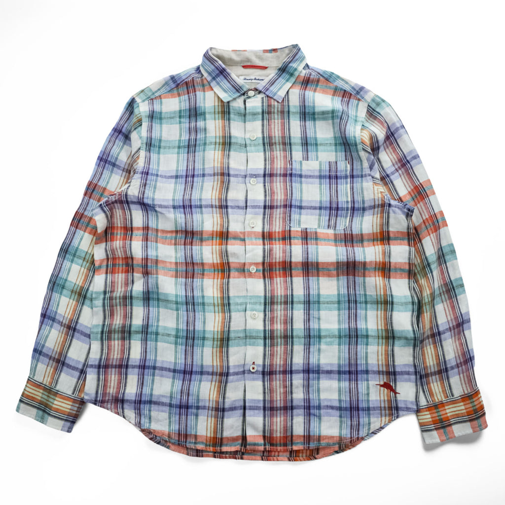 Tommy Bahama 100%リネン マドラスチェック 長袖シャツ L マルチカラー 胸ポケット 麻