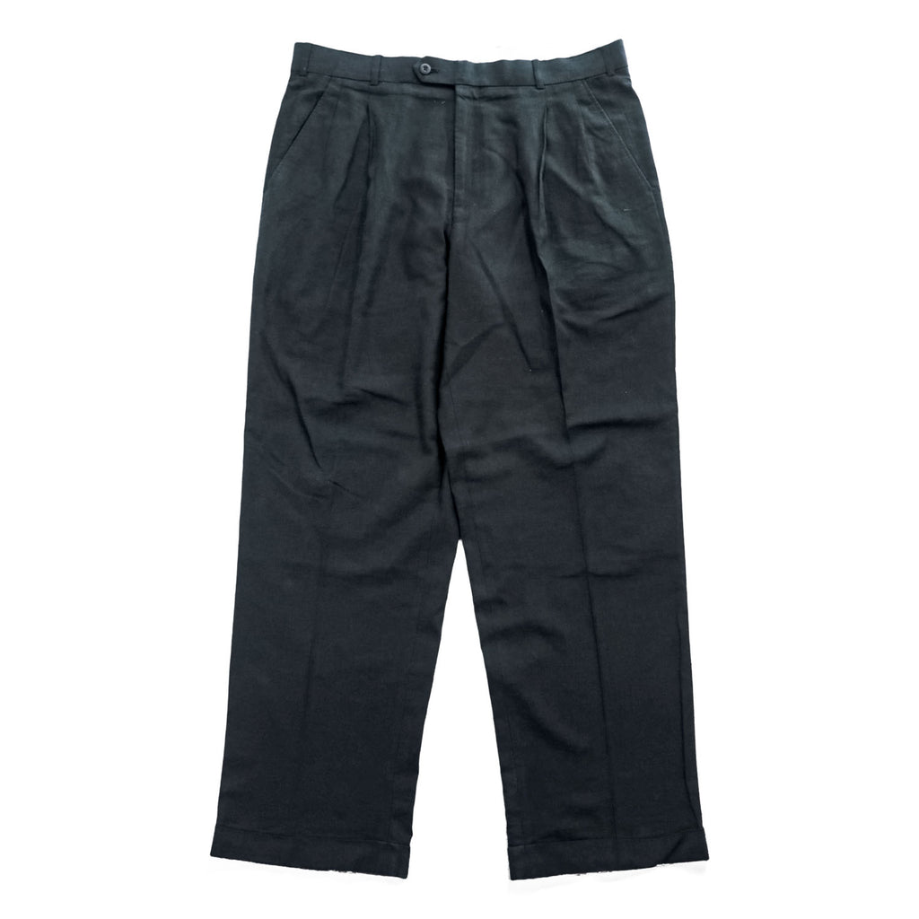 The SAVILE ROW Company リネン レーヨン ワイド 2タック スラックス パンツ L ブラック 麻 プリーツ ダブルカフス