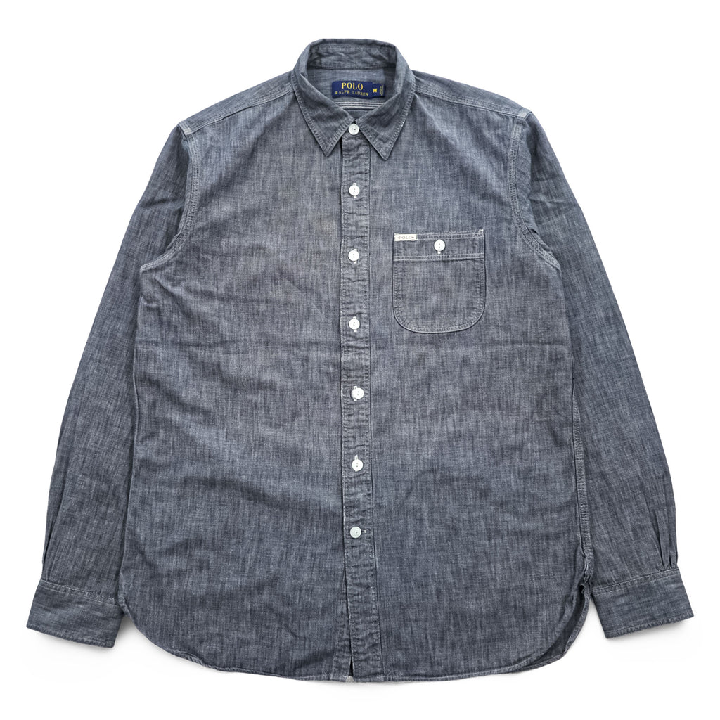 Polo Ralph Lauren Gray Black Chambray Work Shirt Cotton Pocket Tab Men's M