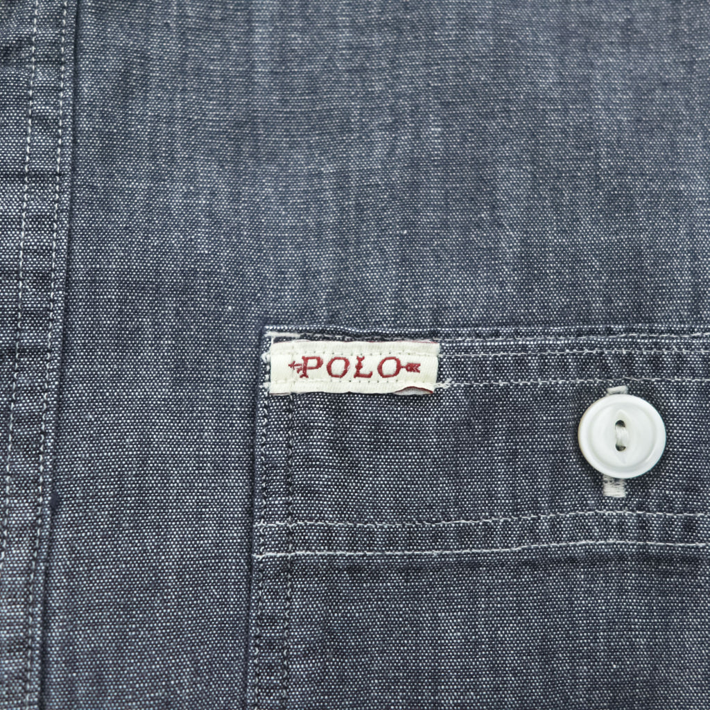 Polo Ralph Lauren Gray Black Chambray Work Shirt Cotton Pocket Tab Men's M