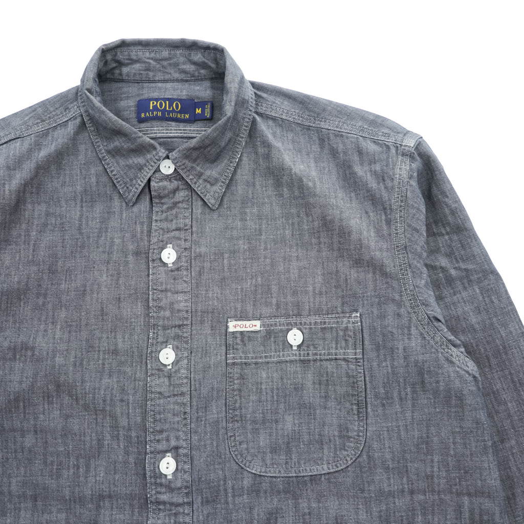 Polo Ralph Lauren Gray Black Chambray Work Shirt Cotton Pocket Tab Men's M