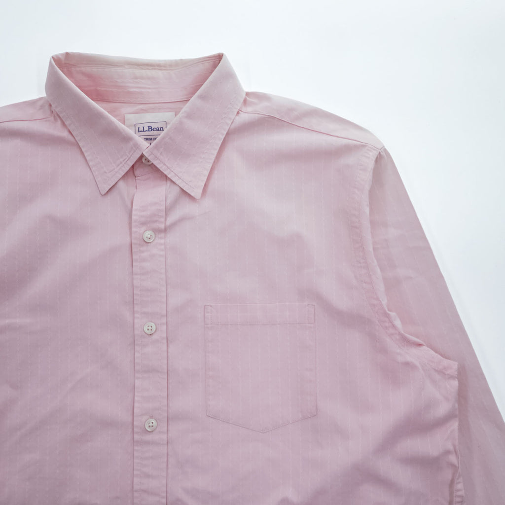 L.L.Bean 長袖 シャツ L ピンク TRIM FIT ドビー織 ストライプ 胸ポケット 0HBX9