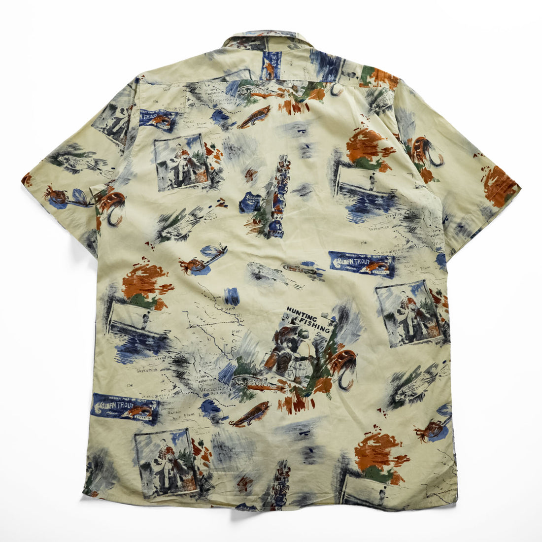 Eddie Bauer 90年代 ヴィンテージ 半袖  オープンカラーシャツ L ベージュ ブルー 総柄 ハンティング フィッシング 開襟