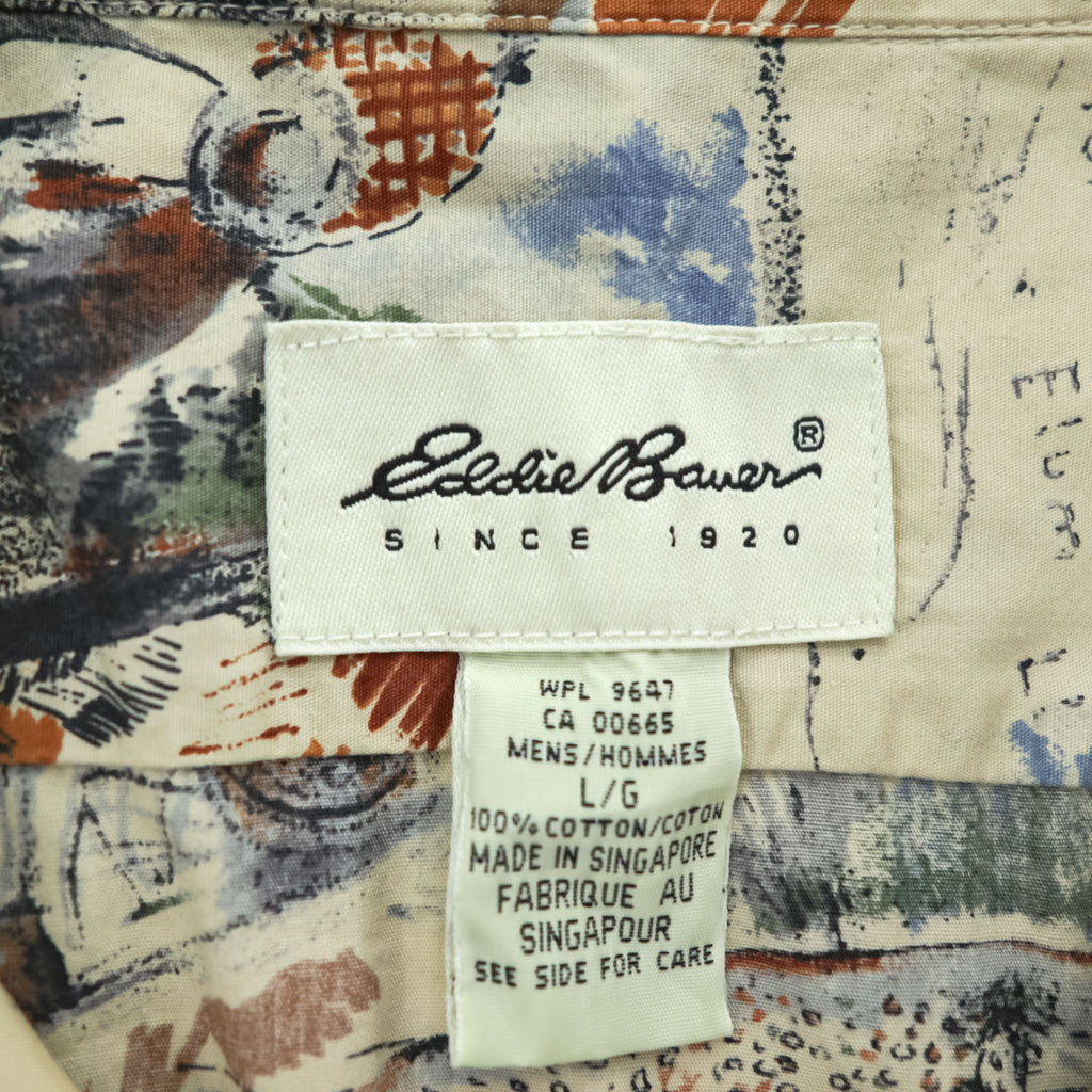 Eddie Bauer 90年代 ヴィンテージ 半袖  オープンカラーシャツ L ベージュ ブルー 総柄 ハンティング フィッシング 開襟