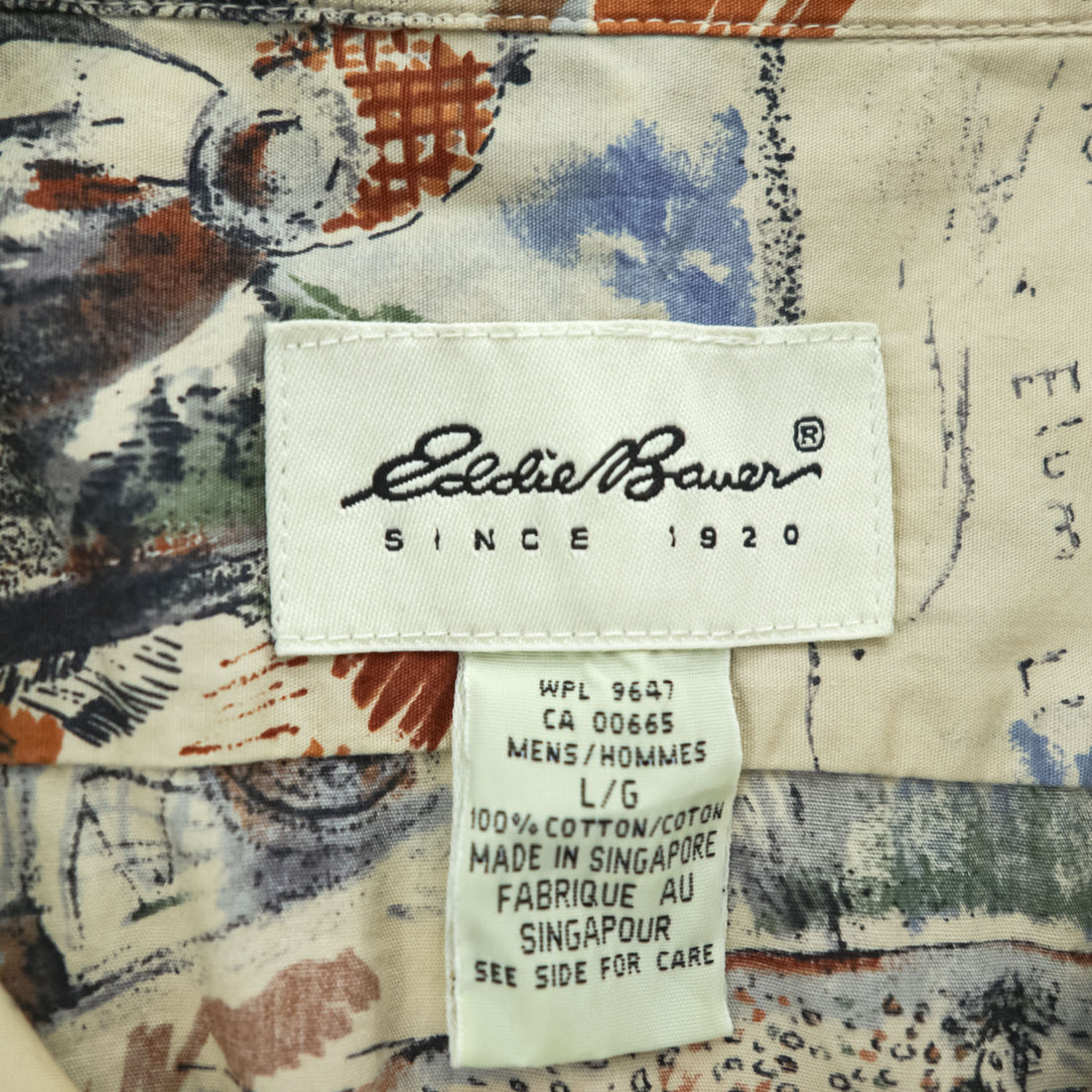 Eddie Bauer 90年代 ヴィンテージ 半袖  オープンカラーシャツ L ベージュ ブルー 総柄 ハンティング フィッシング 開襟