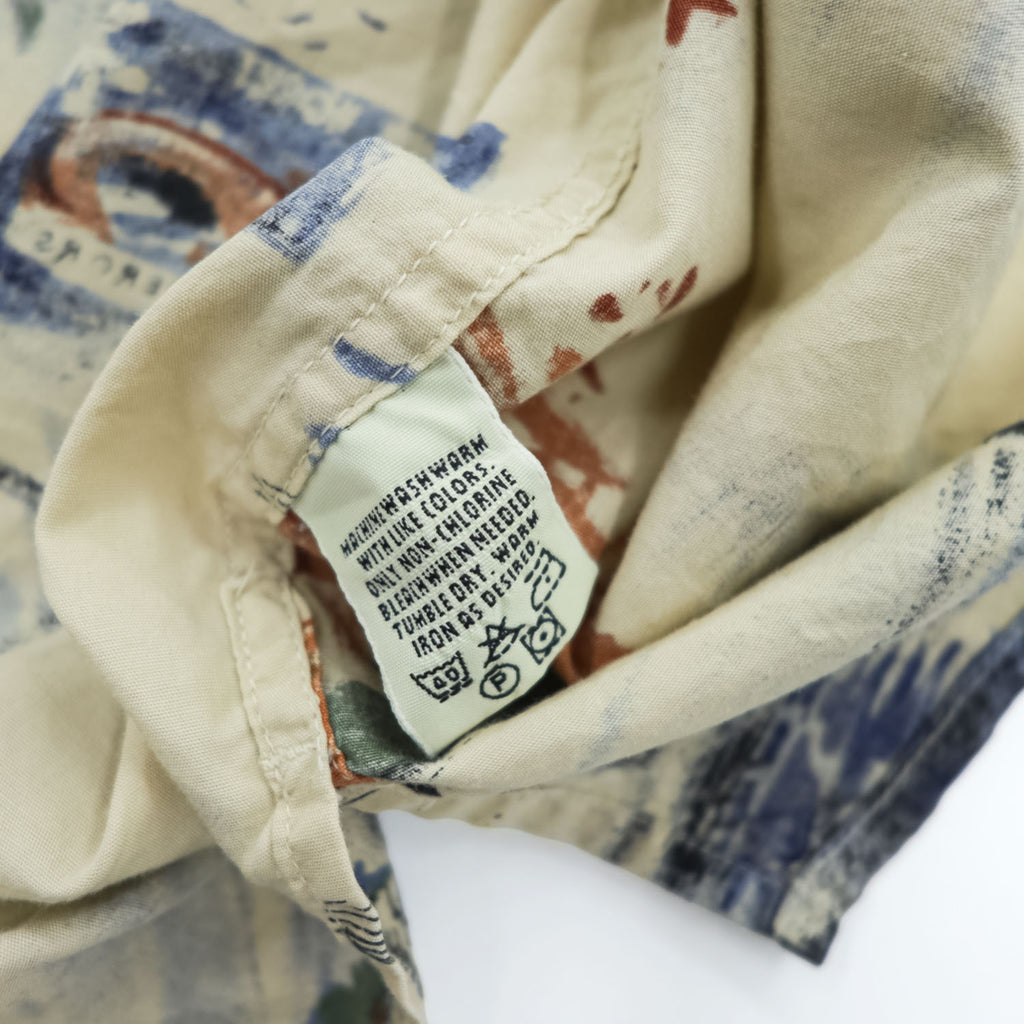 Eddie Bauer 90年代 ヴィンテージ 半袖  オープンカラーシャツ L ベージュ ブルー 総柄 ハンティング フィッシング 開襟