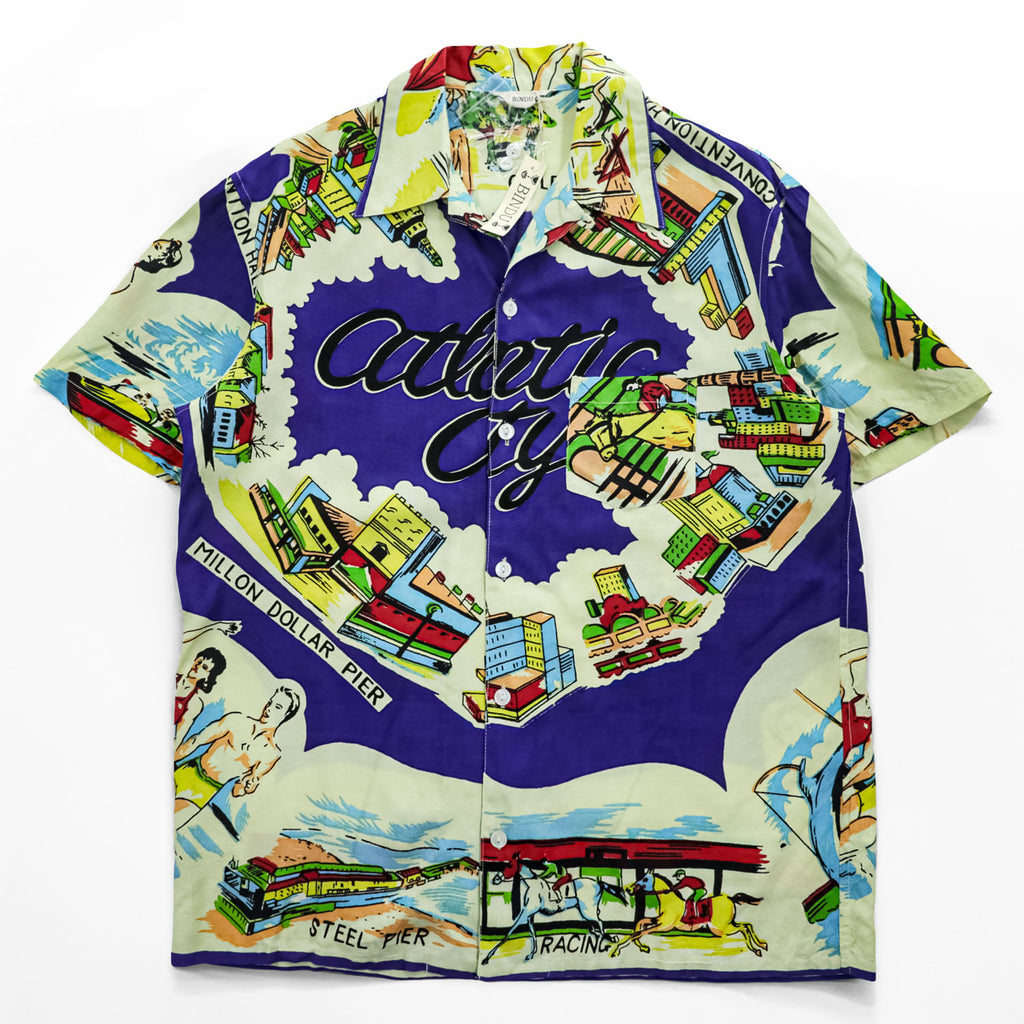 BINDU Atlantic City Map Print Rayon Hawaiian Open Collar Shirt Size L