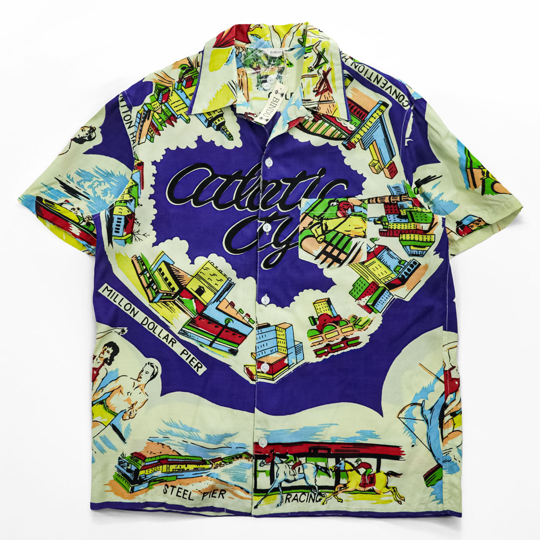 BINDU Atlantic City Map Print Rayon Hawaiian Open Collar Shirt Size L