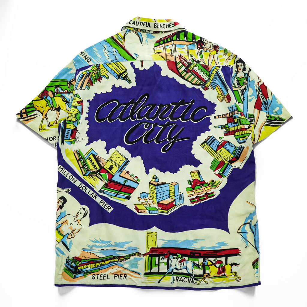 BINDU Atlantic City Map Print Rayon Hawaiian Open Collar Shirt Size L