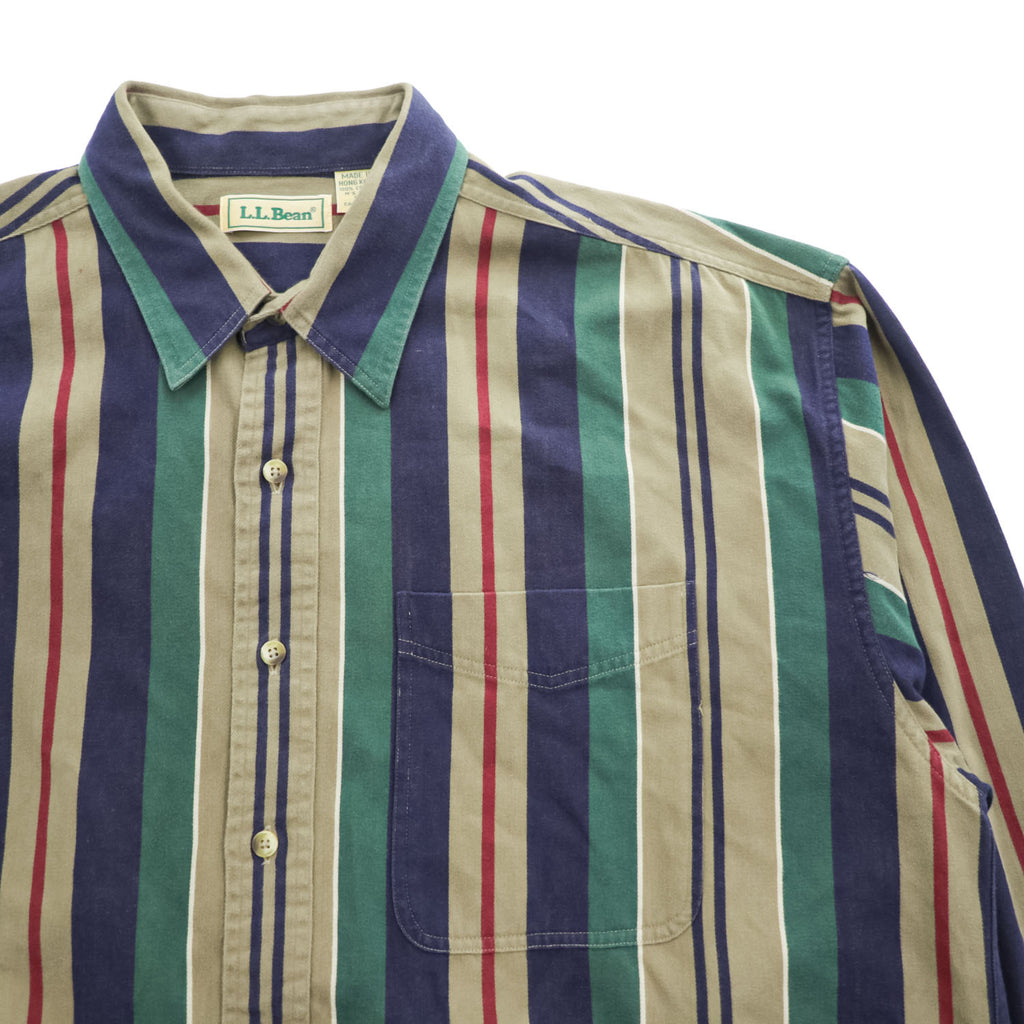 L.L.Bean 90年代 ヴィンテージ 長袖 マルチストライプシャツ XL ベージュ ネイビー 胸ポケット