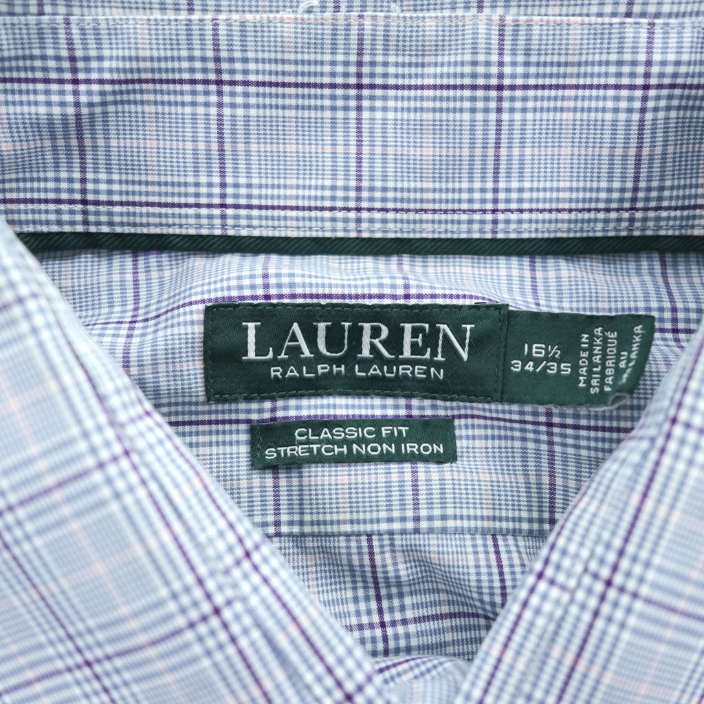LAUREN RALPH LAUREN 長袖 ドレスシャツ L ブルー ストレッチ CLASSIC FIT チェック
