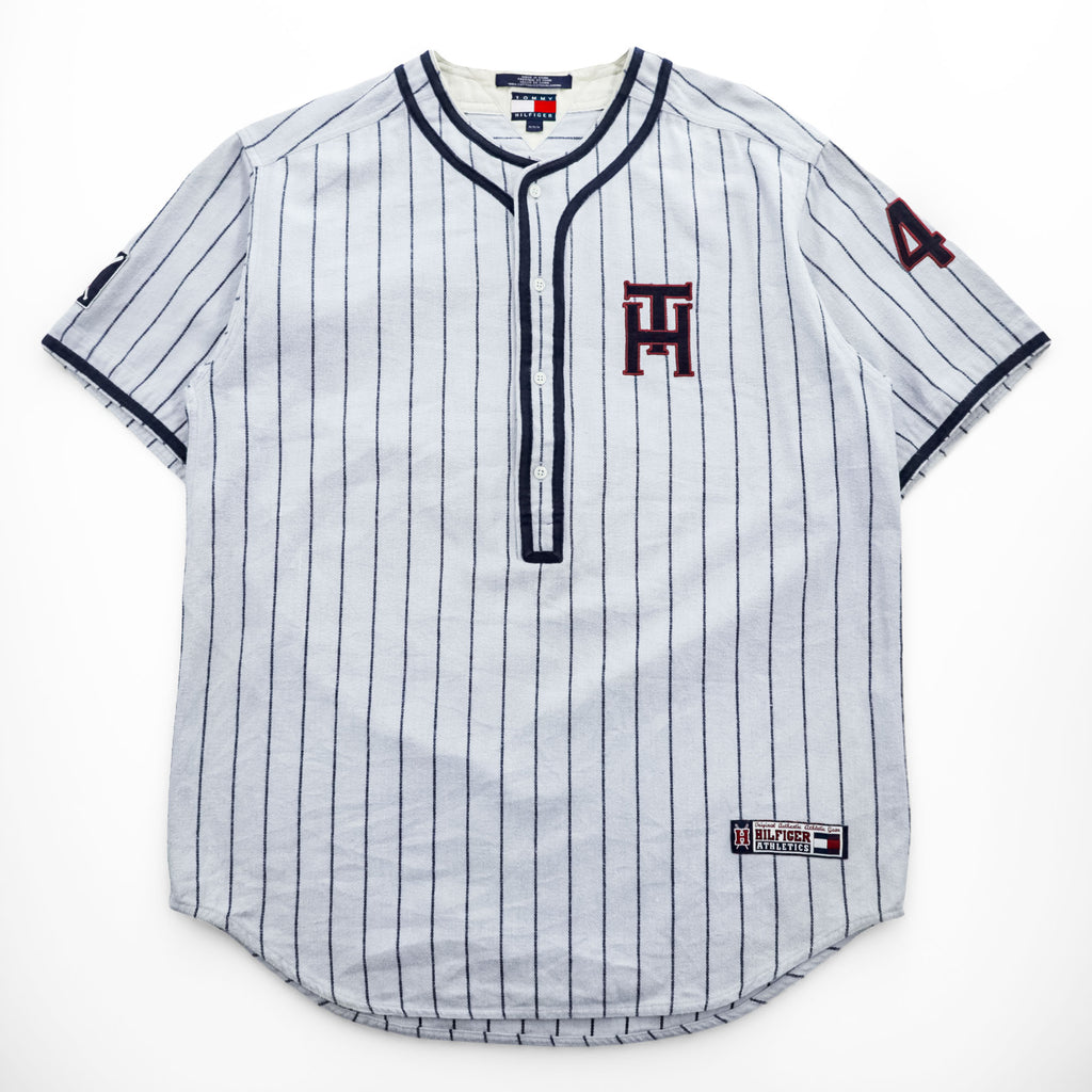 TOMMY HILFIGER 90年代 ヴィンテージ 半袖 ベースボールシャツ M グレー ストライプ 刺繍