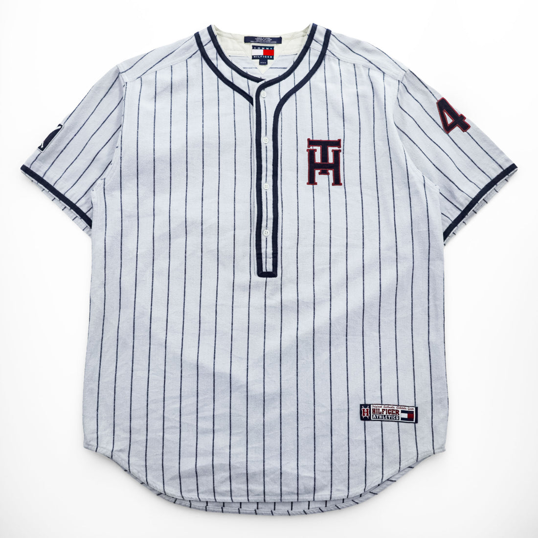 TOMMY HILFIGER 90年代 ヴィンテージ 半袖 ベースボールシャツ M グレー ストライプ 刺繍